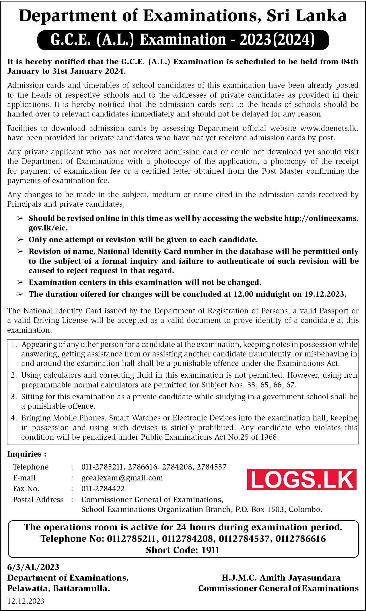 A Level Timetable 2023 (2024) G.C.E (A/L) Examination 2024